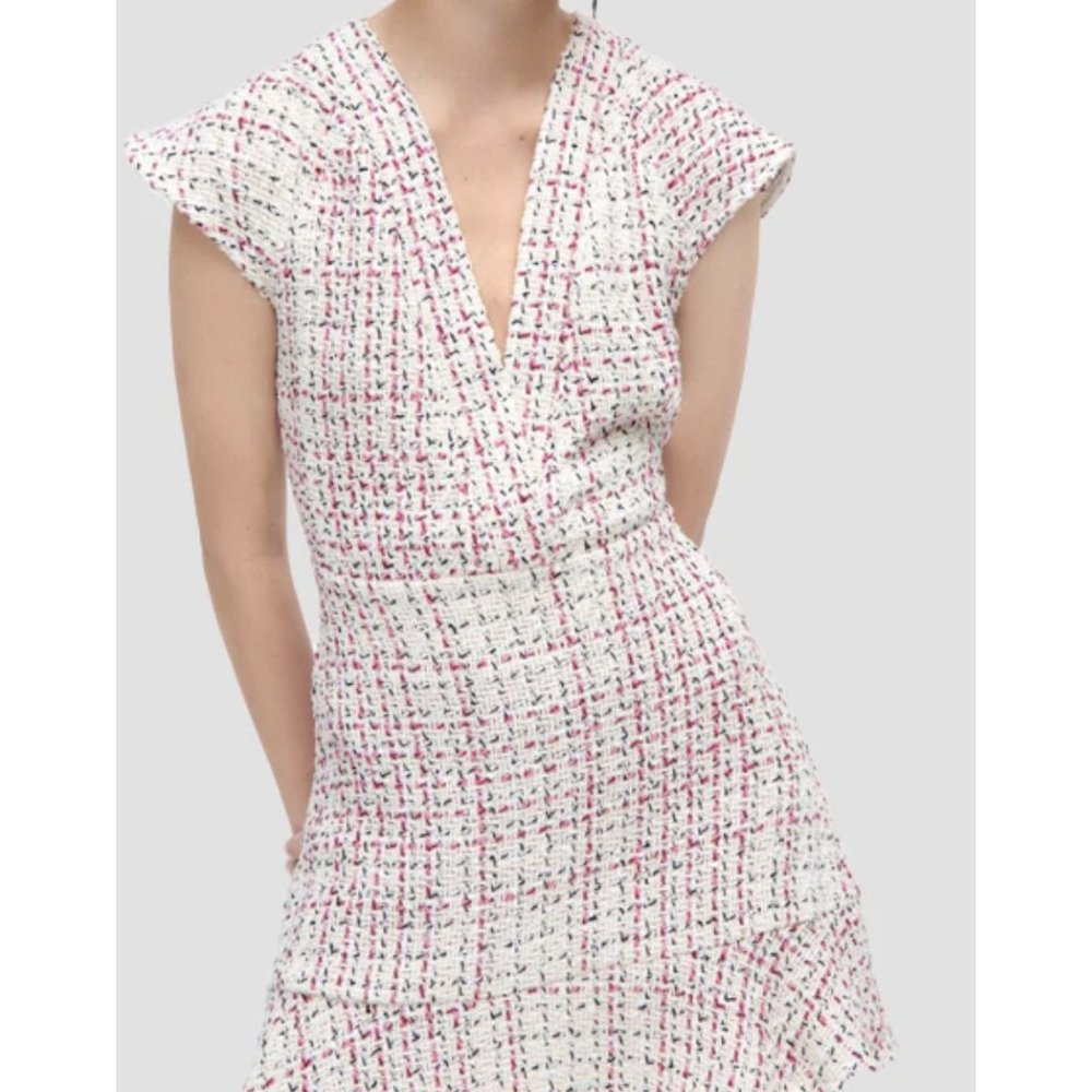 ZARA White Pink Tweed Textured Flounce Hem Mini Dress - Size US M